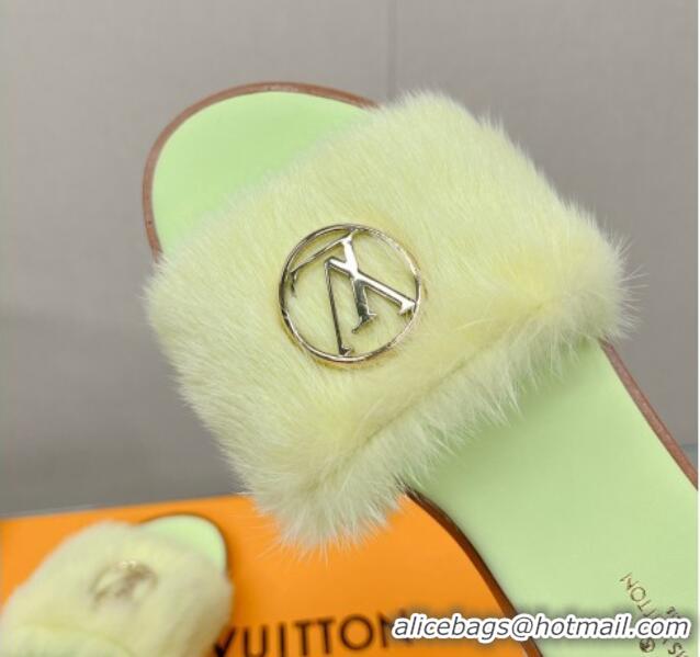 Pretty Style Louis Vuitton LV Mink Fur Flat Slide Sandals Light Green 609054