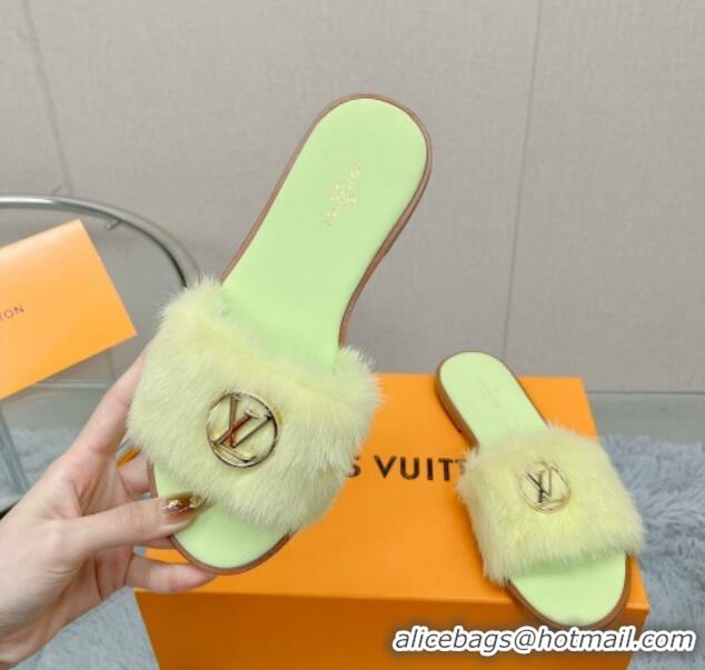 Pretty Style Louis Vuitton LV Mink Fur Flat Slide Sandals Light Green 609054