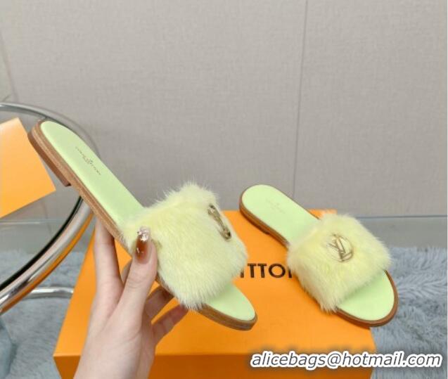 Pretty Style Louis Vuitton LV Mink Fur Flat Slide Sandals Light Green 609054