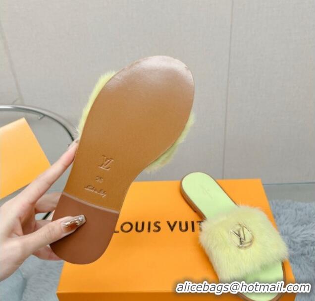 Pretty Style Louis Vuitton LV Mink Fur Flat Slide Sandals Light Green 609054