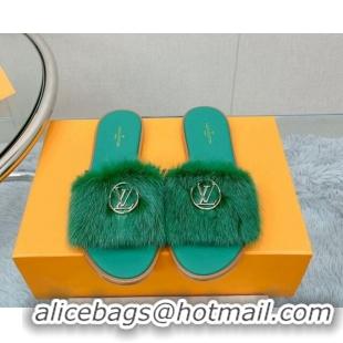 Grade Quality Louis Vuitton LV Mink Fur Flat Slide Sandals Dark Green 609055