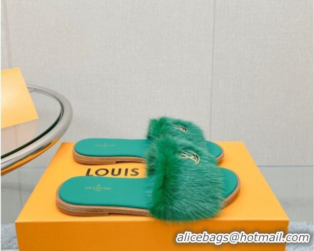 Grade Quality Louis Vuitton LV Mink Fur Flat Slide Sandals Dark Green 609055