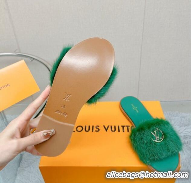 Grade Quality Louis Vuitton LV Mink Fur Flat Slide Sandals Dark Green 609055