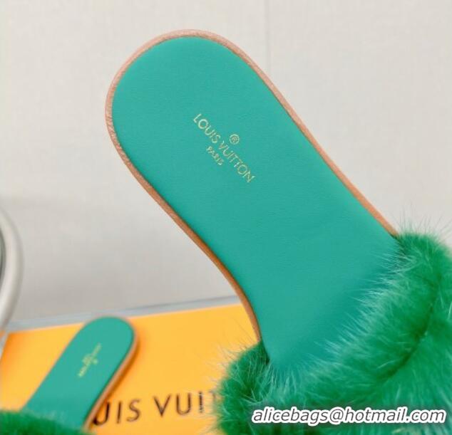 Grade Quality Louis Vuitton LV Mink Fur Flat Slide Sandals Dark Green 609055