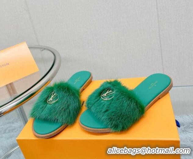 Grade Quality Louis Vuitton LV Mink Fur Flat Slide Sandals Dark Green 609055