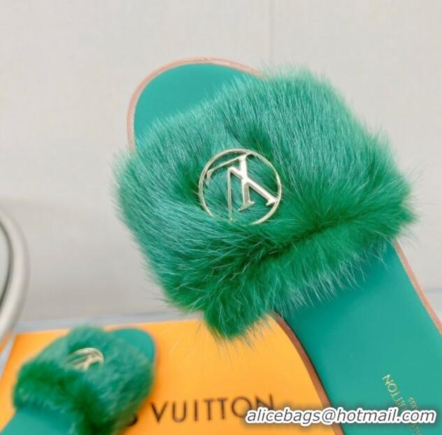 Grade Quality Louis Vuitton LV Mink Fur Flat Slide Sandals Dark Green 609055