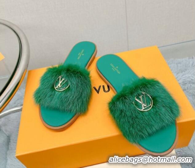 Grade Quality Louis Vuitton LV Mink Fur Flat Slide Sandals Dark Green 609055