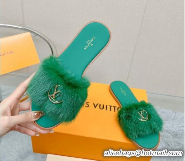 Grade Quality Louis Vuitton LV Mink Fur Flat Slide Sandals Dark Green 609055