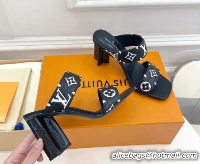 Top Grade Louis Vuitton Silhouette Heel Slide Sandals 8.5cm in Monogram Leather Black 609058