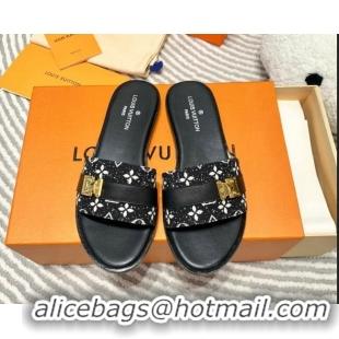 Best Grade Louis Vuitton Lock It Flat Slide Sandals in Monogram Denim Black 625067