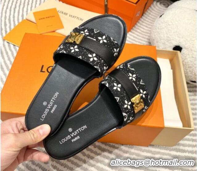 Best Grade Louis Vuitton Lock It Flat Slide Sandals in Monogram Denim Black 625067