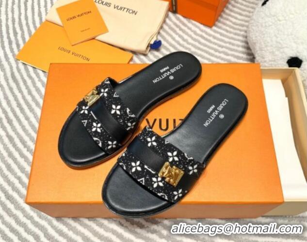 Best Grade Louis Vuitton Lock It Flat Slide Sandals in Monogram Denim Black 625067