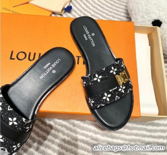 Best Grade Louis Vuitton Lock It Flat Slide Sandals in Monogram Denim Black 625067