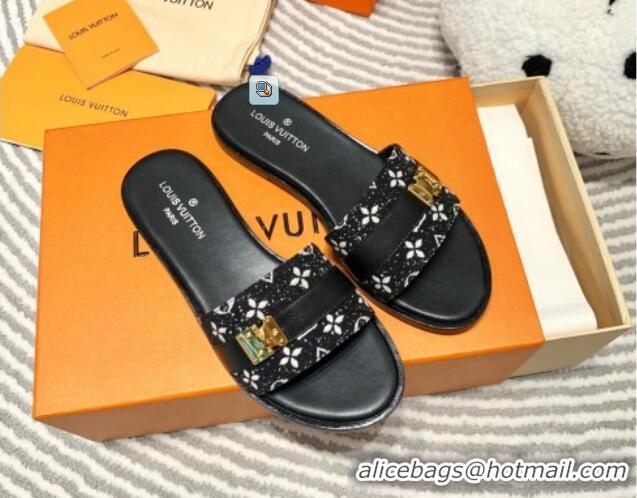 Best Grade Louis Vuitton Lock It Flat Slide Sandals in Monogram Denim Black 625067