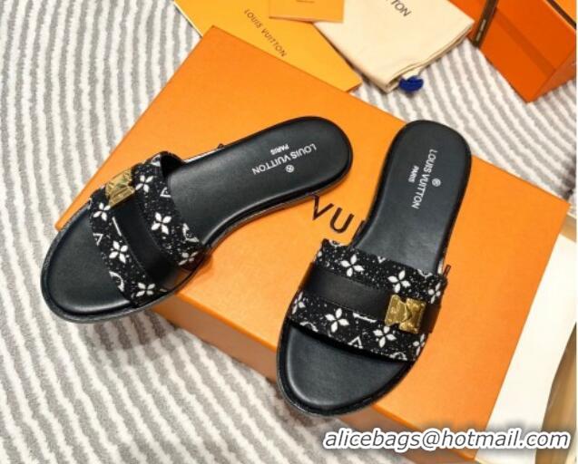 Best Grade Louis Vuitton Lock It Flat Slide Sandals in Monogram Denim Black 625067