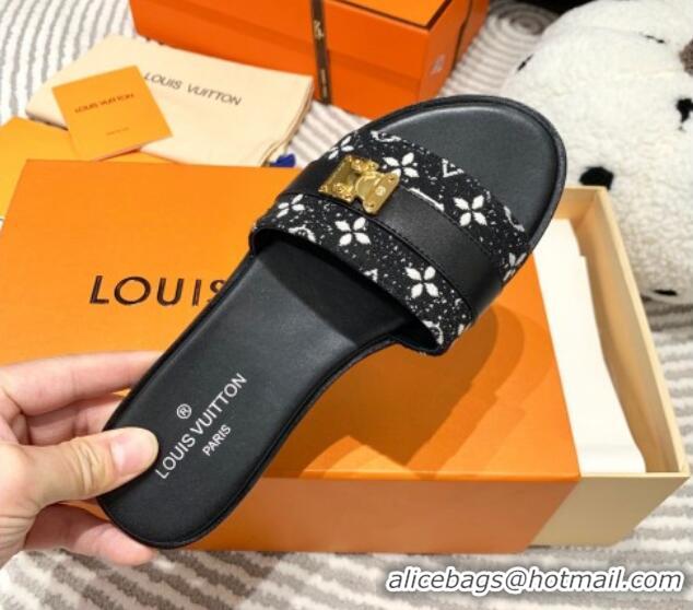 Best Grade Louis Vuitton Lock It Flat Slide Sandals in Monogram Denim Black 625067