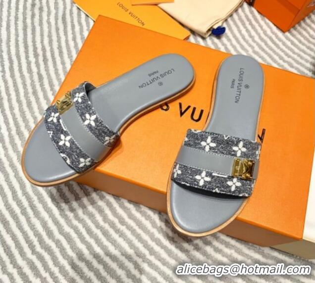 Most Popular Louis Vuitton Lock It Flat Slide Sandals in Monogram Denim Grey 625068