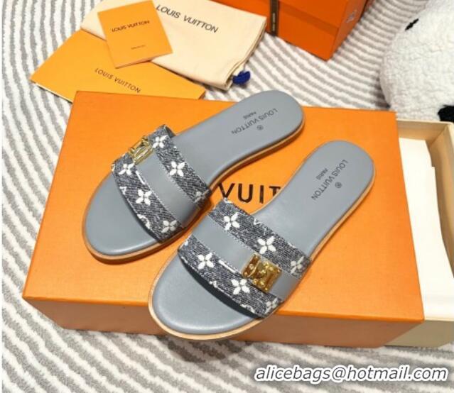 Most Popular Louis Vuitton Lock It Flat Slide Sandals in Monogram Denim Grey 625068