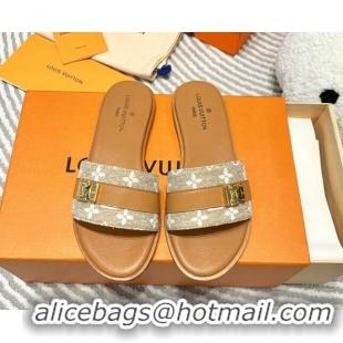 Stylish Louis Vuitton Lock It Flat Slide Sandals in Monogram Denim Brown 625069