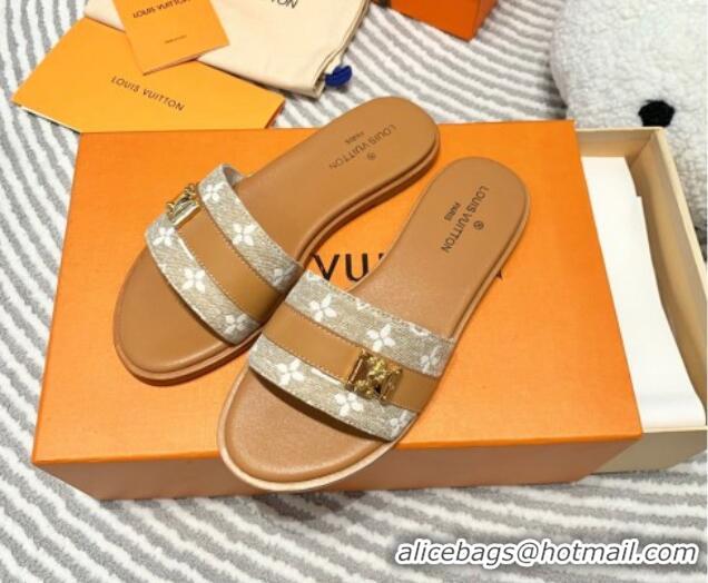 Stylish Louis Vuitton Lock It Flat Slide Sandals in Monogram Denim Brown 625069