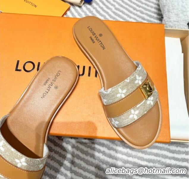 Stylish Louis Vuitton Lock It Flat Slide Sandals in Monogram Denim Brown 625069