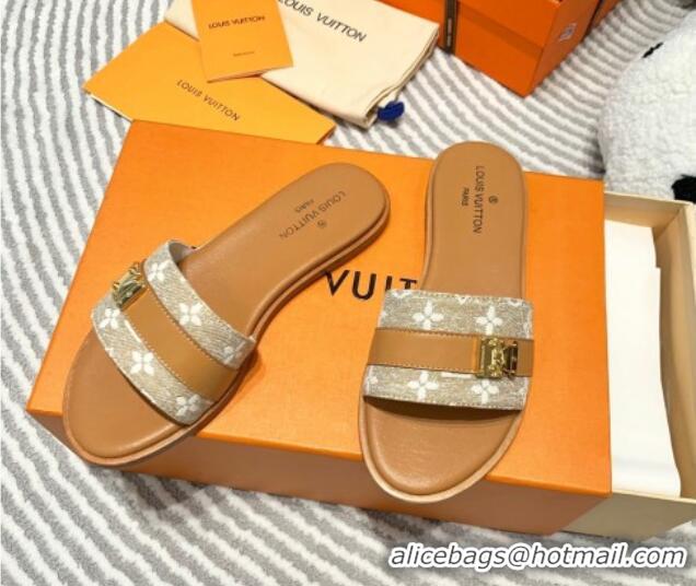 Stylish Louis Vuitton Lock It Flat Slide Sandals in Monogram Denim Brown 625069