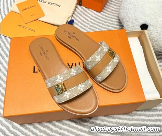 Stylish Louis Vuitton Lock It Flat Slide Sandals in Monogram Denim Brown 625069