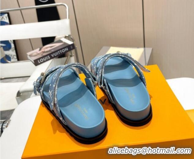 Classic Hot Louis Vuitton Bom Dia Flat Comfort Slide Sandals in Monogram Denim Light Blue 0625071