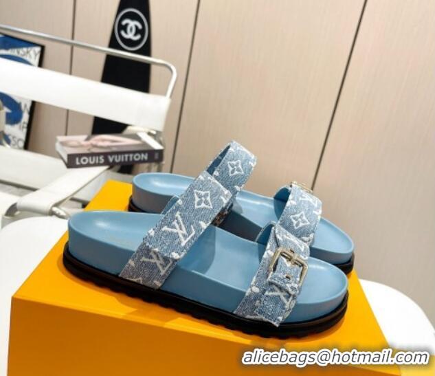 Classic Hot Louis Vuitton Bom Dia Flat Comfort Slide Sandals in Monogram Denim Light Blue 0625071