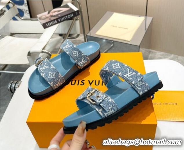 Classic Hot Louis Vuitton Bom Dia Flat Comfort Slide Sandals in Monogram Denim Light Blue 0625071