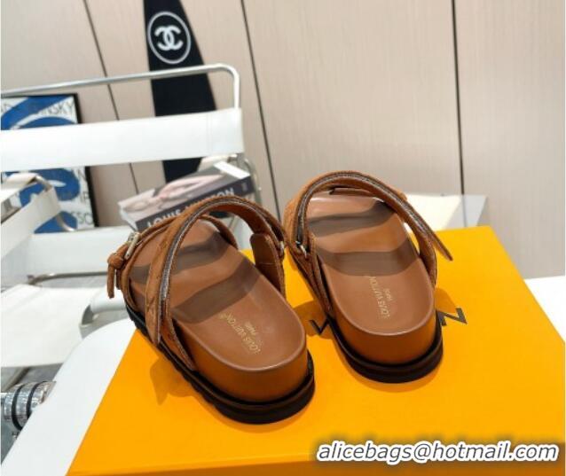 Luxury Louis Vuitton Bom Dia Flat Comfort Slide Sandals in Monogram Suede Cognac Brown 625072