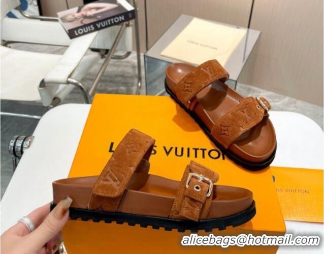 Luxury Louis Vuitton Bom Dia Flat Comfort Slide Sandals in Monogram Suede Cognac Brown 625072