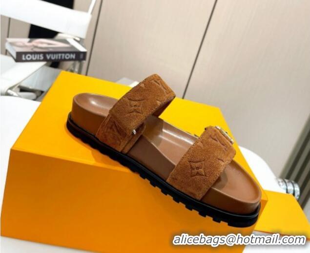 Luxury Louis Vuitton Bom Dia Flat Comfort Slide Sandals in Monogram Suede Cognac Brown 625072