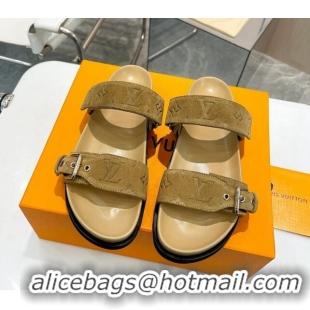 Unique Discount Louis Vuitton Bom Dia Flat Comfort Slide Sandals in Monogram Suede Khaki 0625073