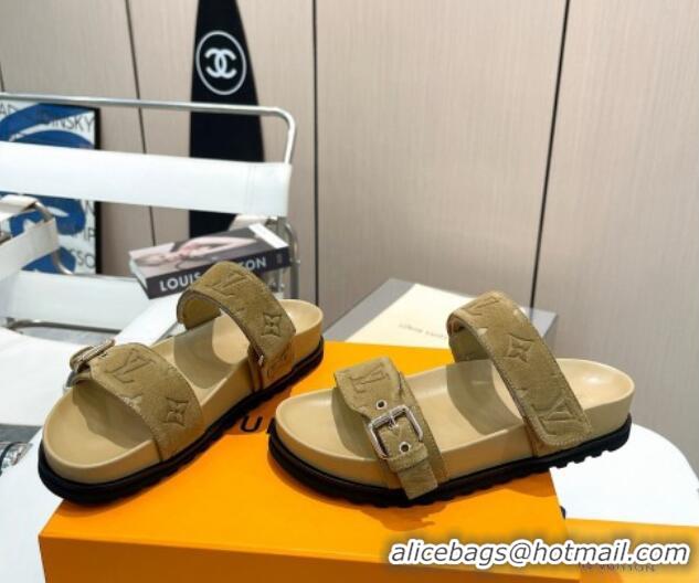 Unique Discount Louis Vuitton Bom Dia Flat Comfort Slide Sandals in Monogram Suede Khaki 0625073