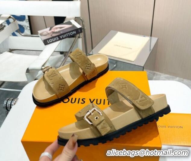 Unique Discount Louis Vuitton Bom Dia Flat Comfort Slide Sandals in Monogram Suede Khaki 0625073