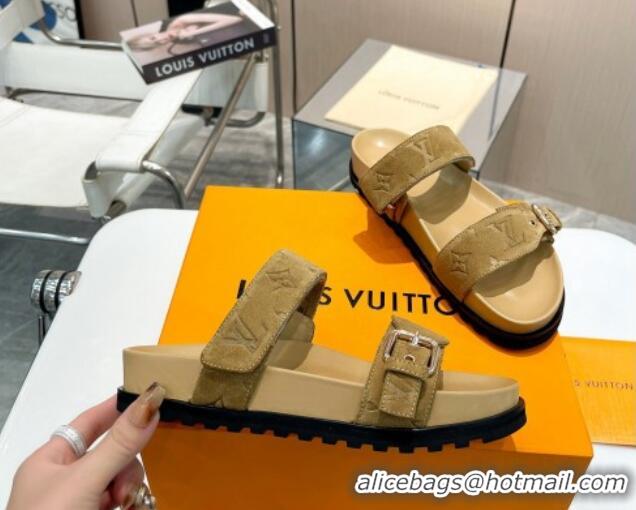 Unique Discount Louis Vuitton Bom Dia Flat Comfort Slide Sandals in Monogram Suede Khaki 0625073