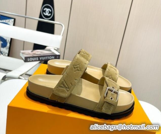 Unique Discount Louis Vuitton Bom Dia Flat Comfort Slide Sandals in Monogram Suede Khaki 0625073