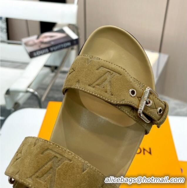 Unique Discount Louis Vuitton Bom Dia Flat Comfort Slide Sandals in Monogram Suede Khaki 0625073