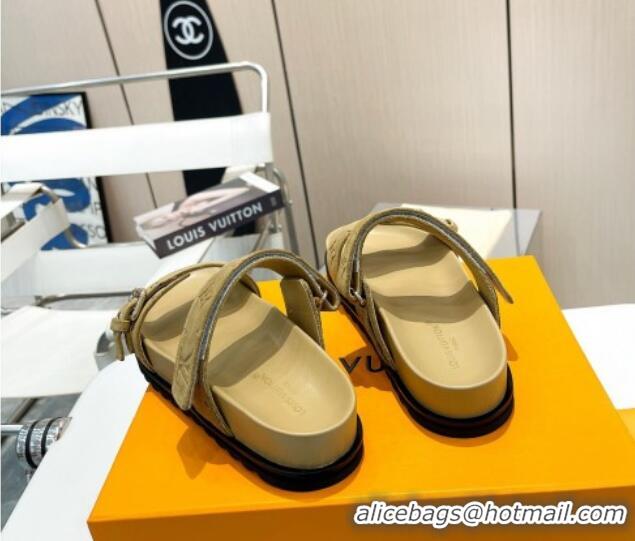 Unique Discount Louis Vuitton Bom Dia Flat Comfort Slide Sandals in Monogram Suede Khaki 0625073