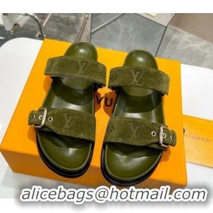 Purchase Louis Vuitton Bom Dia Flat Comfort Slide Sandals in Monogram Suede Green 625074