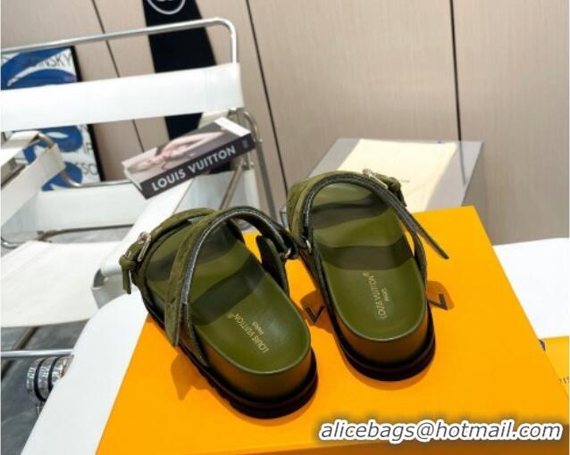 Purchase Louis Vuitton Bom Dia Flat Comfort Slide Sandals in Monogram Suede Green 625074