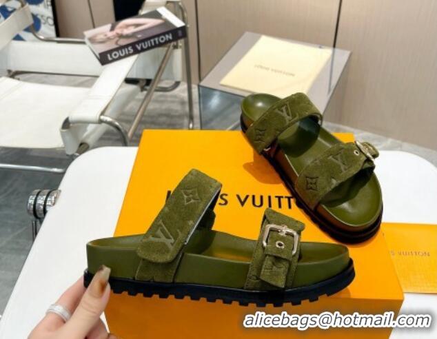 Purchase Louis Vuitton Bom Dia Flat Comfort Slide Sandals in Monogram Suede Green 625074