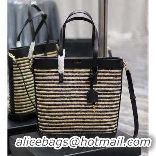 Grade Design SAINT LAUREN RIVE GAUCHE TOTE BAG IN RAFFIA AND LEATHER Y860307 apricot&black