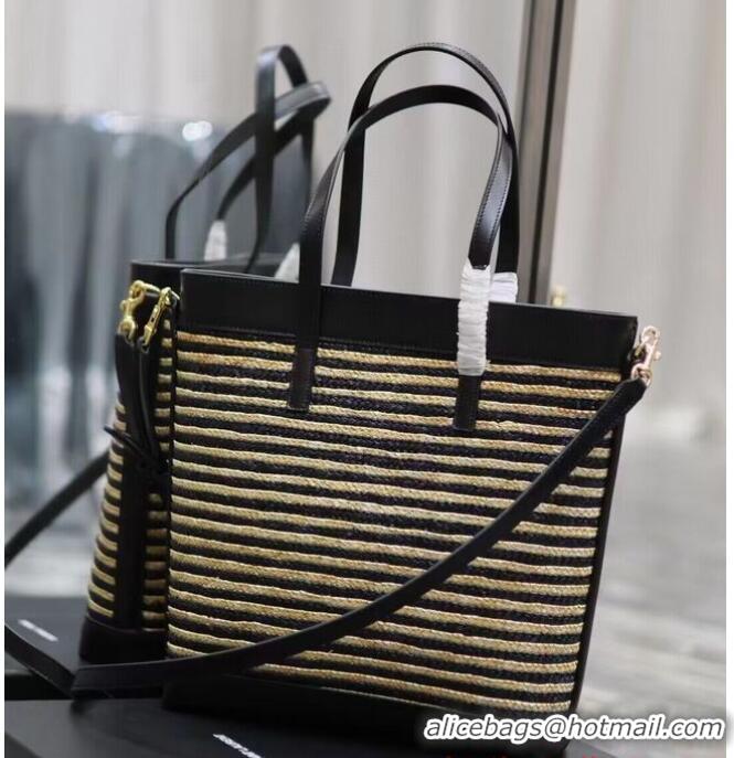 Grade Design SAINT LAUREN RIVE GAUCHE TOTE BAG IN RAFFIA AND LEATHER Y860307 apricot&black