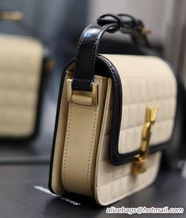 Top Quality SAINT LAUREN SOLFERINO SMALL SATCHEL IN QUILTED NUBUCK SUEDE 739139 OFF WHITE AND BLACK