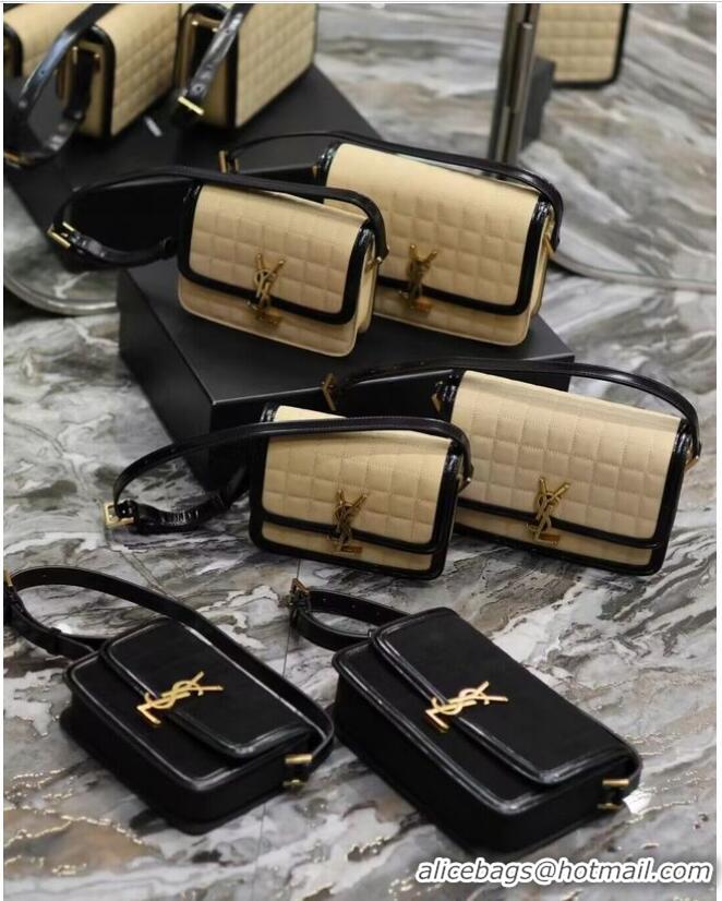 Top Quality SAINT LAUREN SOLFERINO SMALL SATCHEL IN QUILTED NUBUCK SUEDE 739139 OFF WHITE AND BLACK