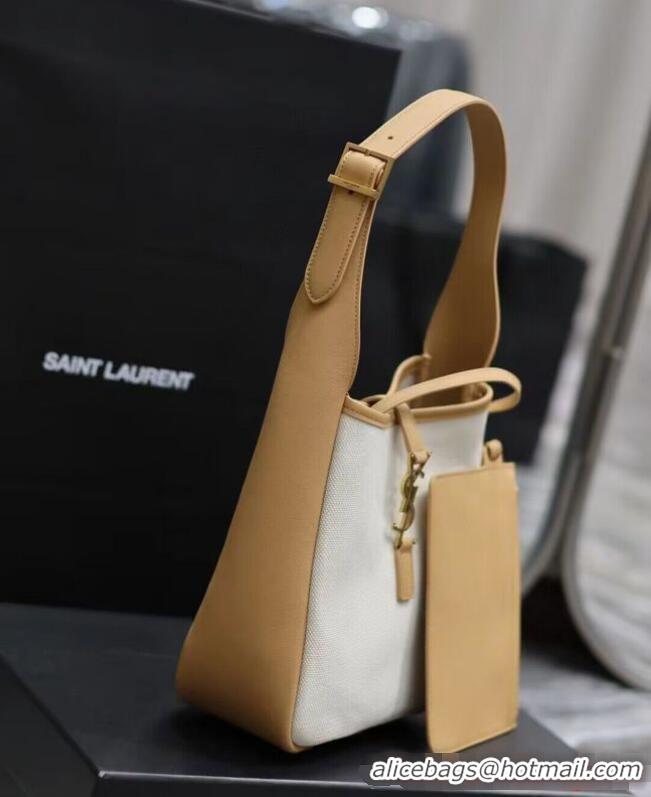 Buy Discount SAINT LAUREN MEDIUM IN CANVAS AND VEGETABLE-TANNED LEATHER Y913937 BROWN GOLD