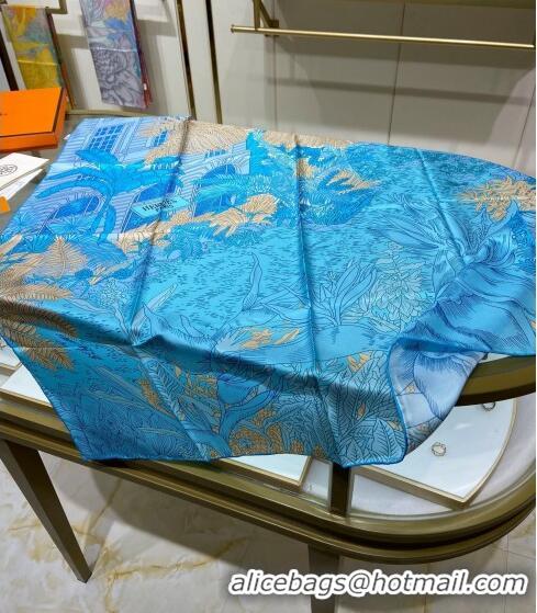 Well Crafted Hermes Faubourg Tropical Detail Silk Square Scarf 90cm H1583 Blue 2023