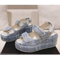 Pretty Style Chanel Tweed Wedge Sandals 7.5cm Light Blue 071041